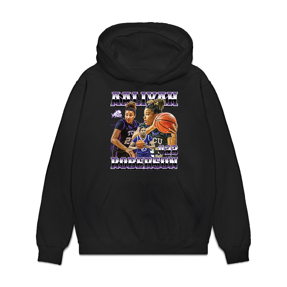 TCU - NCAA Women's Basketball : Aaliyah Roberson - Player Collage Premium Hooded Sweatshirt-0