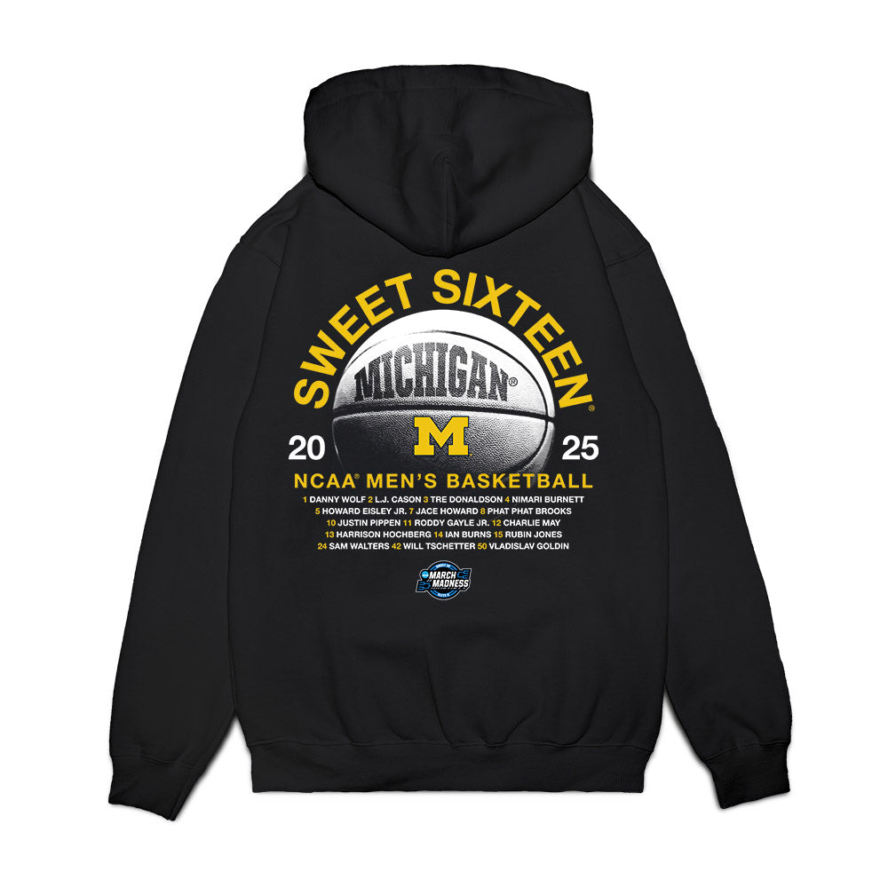 Michigan - NCAA Men's Basketball : - NCAA® March Madness® 2025 Sweet 16 Roster Premium Hooded Sweatshirt-1