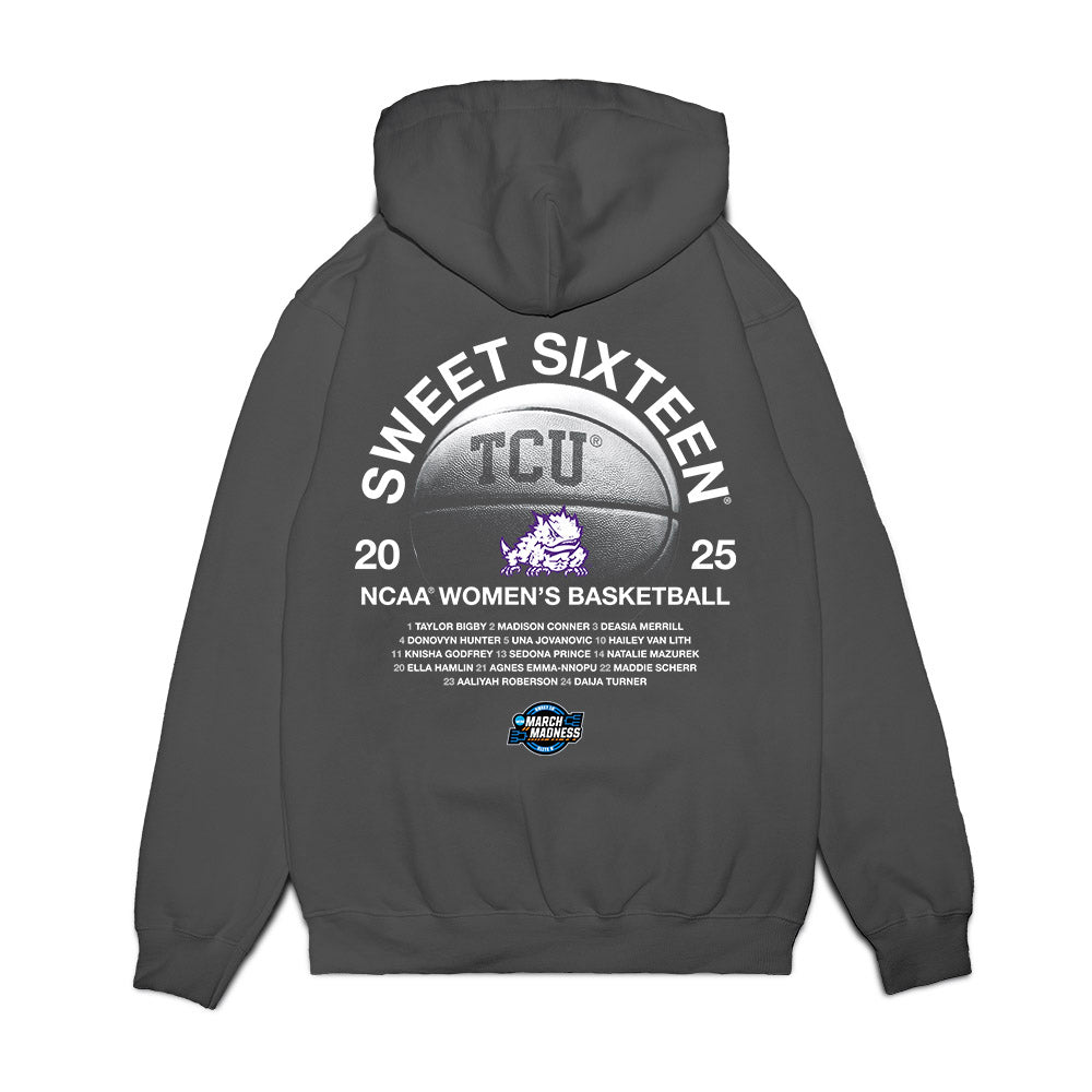 TCU - NCAA Women's Basketball : Maddie Scherr - NCAA® March Madness® 2025 Sweet 16 Roster Premium Hooded Sweatshirt-1