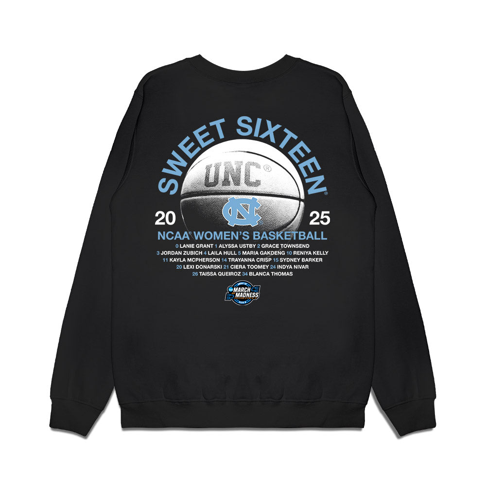 UNC - NCAA Women's Basketball : - NCAA® March Madness® 2025 Sweet 16 Roster Premium Crewneck Sweatshirt-1