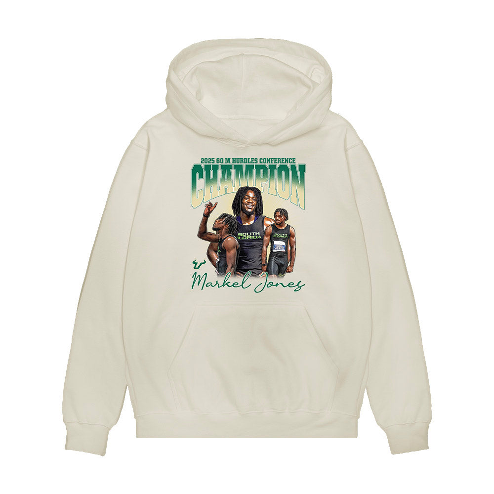 USF - NCAA Men's Track & Field : Markel Jones - 2025 Champion 60 M hurdles Collage Premium Hooded Sweatshirt-0