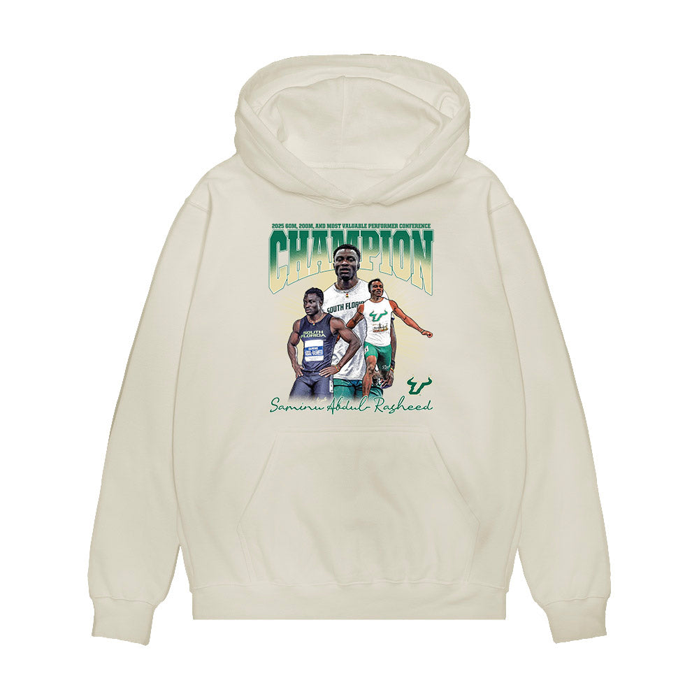 USF - NCAA Men's Track & Field : Saminu Abdul-Rasheed - 2025 Champion 60M, 200M, and Most Valuable Performer Collage Premium Hooded Sweatshirt-0