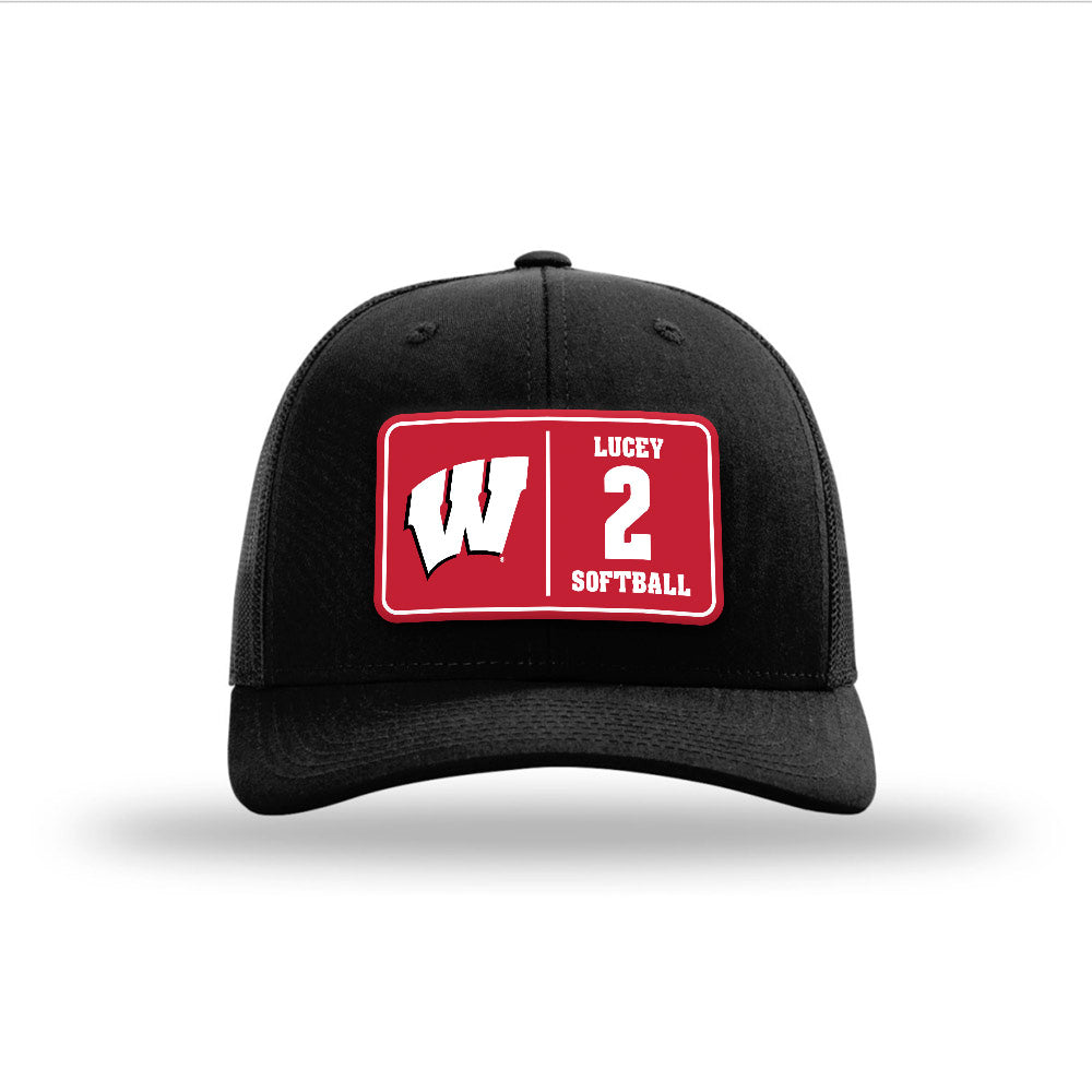 Wisconsin - NCAA Softball : Danielle Lucey - Suede Patch Snapback Trucker Hat-0
