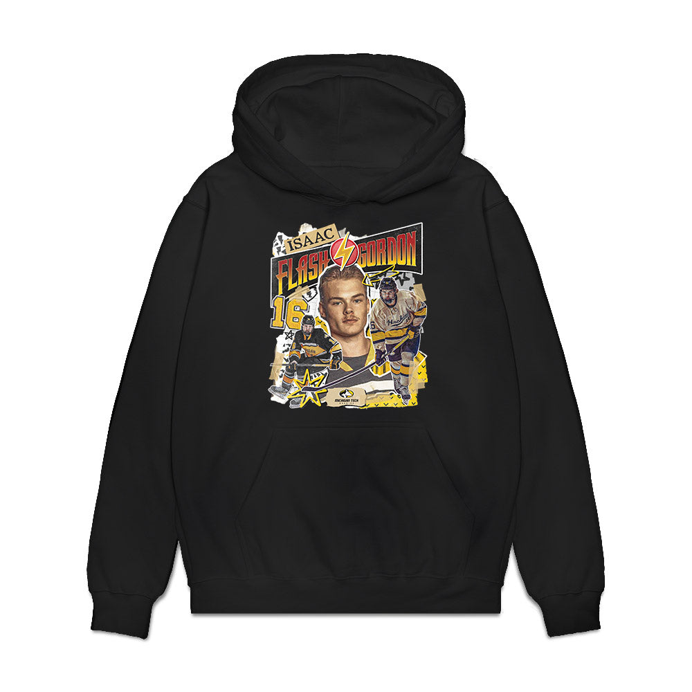 Michigan Tech - NCAA Men's Ice Hockey : Isaac Gordon - Collage Premium Hooded Sweatshirt-0