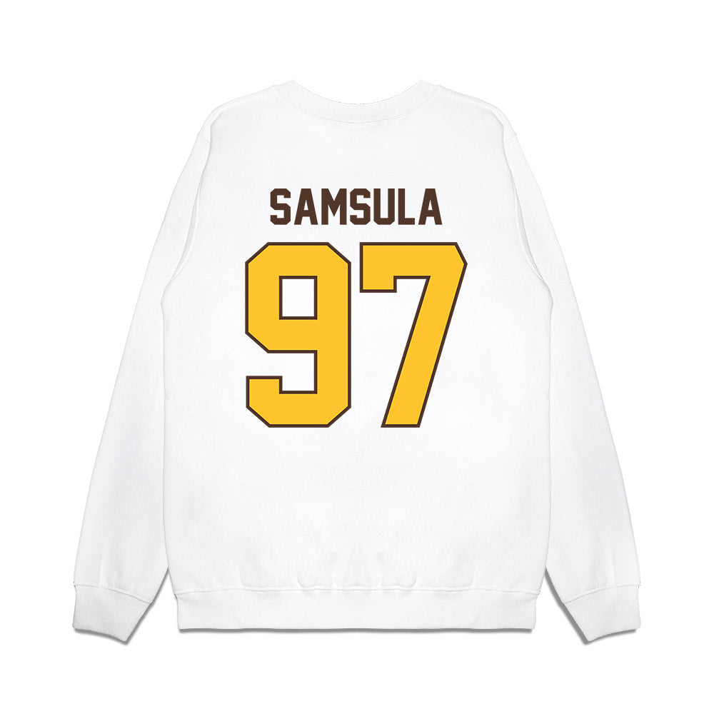 Wyoming - NCAA Football : Lucas Samsula - Vintage Helmet Premium Crewneck Sweatshirt-1