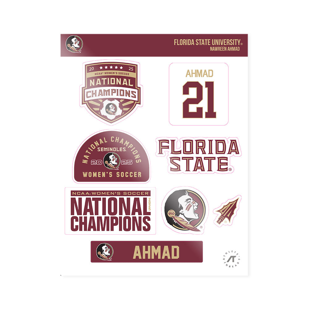 FSU - NCAA Women's Soccer : Nawreen Ahmad - NCAA® 2025 National Champions Sticker Sheet-0
