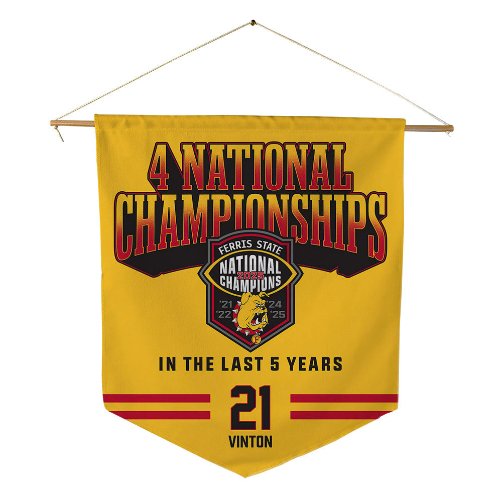 Ferris State - NCAA Football : Jaylen Vinton - 4 National Championships Pennant - 18" x 21"-0