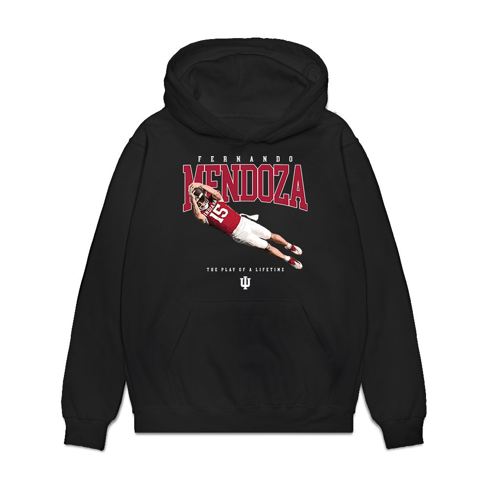 Indiana - NCAA Football : Fernando Mendoza - Jump Mendoza Premium Hooded Sweatshirt-0