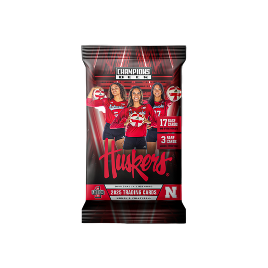 Trading card pack featuring Nebraska Huskers volleyball players on a white background