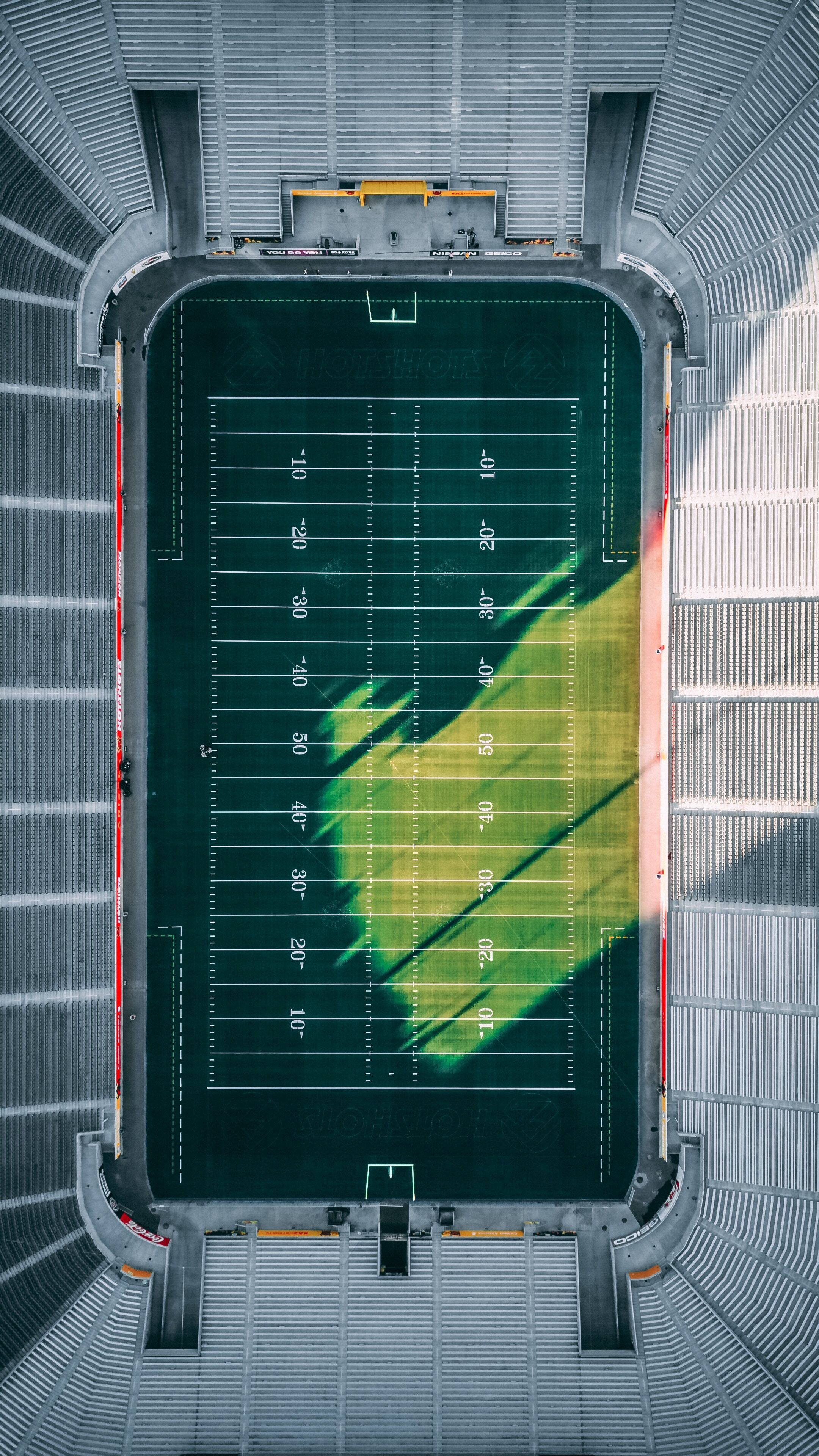 An aerial view of a football field