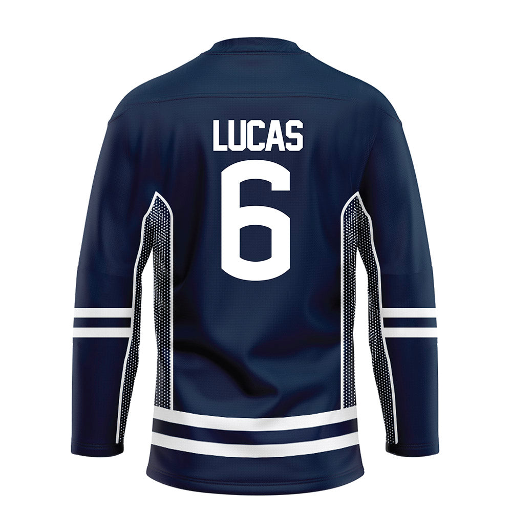 UConn - NCAA Men's Ice Hockey : Andrew Lucas - Navy Hockey Jersey