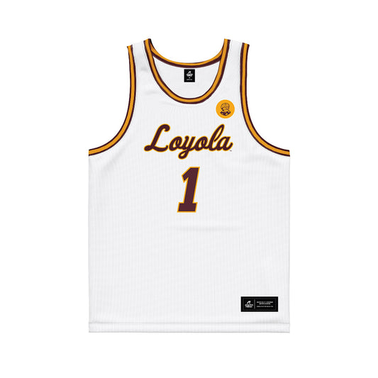 Loyola - NCAA Men's Basketball : Justin Moore - Sister Jean 2025 White Basketball Jersey-0