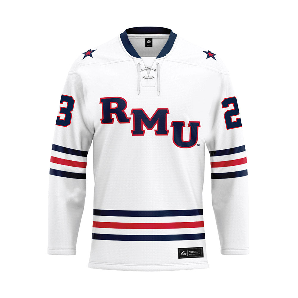 Robert Morris - NCAA Men's Ice Hockey : Zeke Nicholson - White Hockey Jersey-0