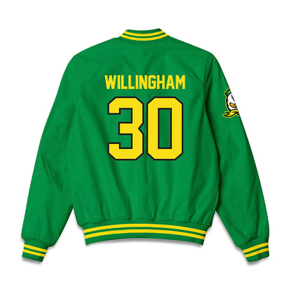 Oregon - NCAA Acrobatics & Tumbling : Morgan Willingham - Bomber Jacket-1