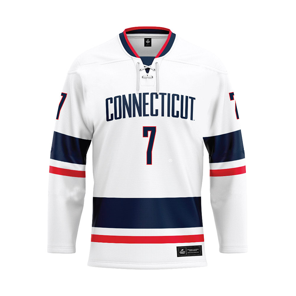 UConn - NCAA Men's Basketball : Jacob Furphy - White Hockey Jersey-0