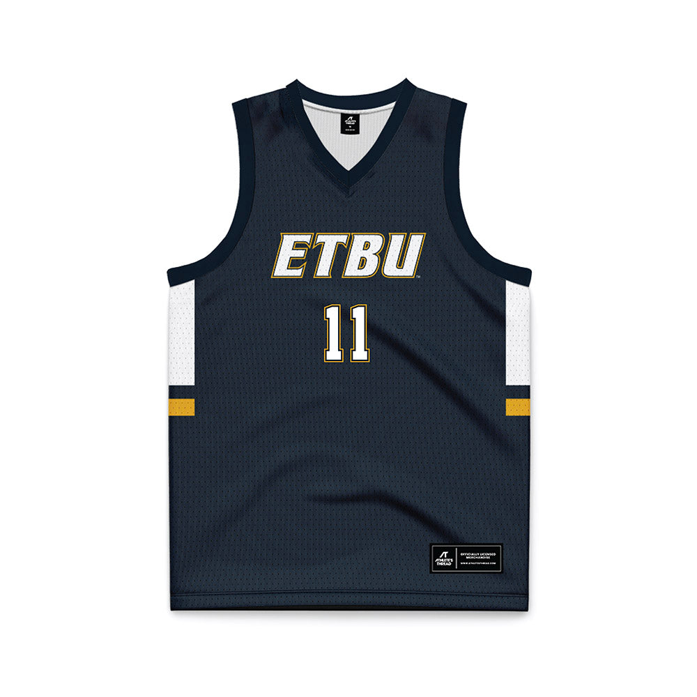 ETBU - NCAA Men's Basketball : Campbell White - Navy Basketball Jersey-0