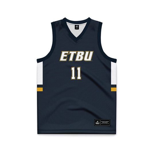 ETBU - NCAA Men's Basketball : Campbell White - Navy Basketball Jersey-0