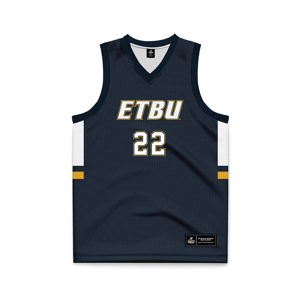 ETBU - NCAA Men's Basketball : Ethan Cook - Navy Basketball Jersey-0