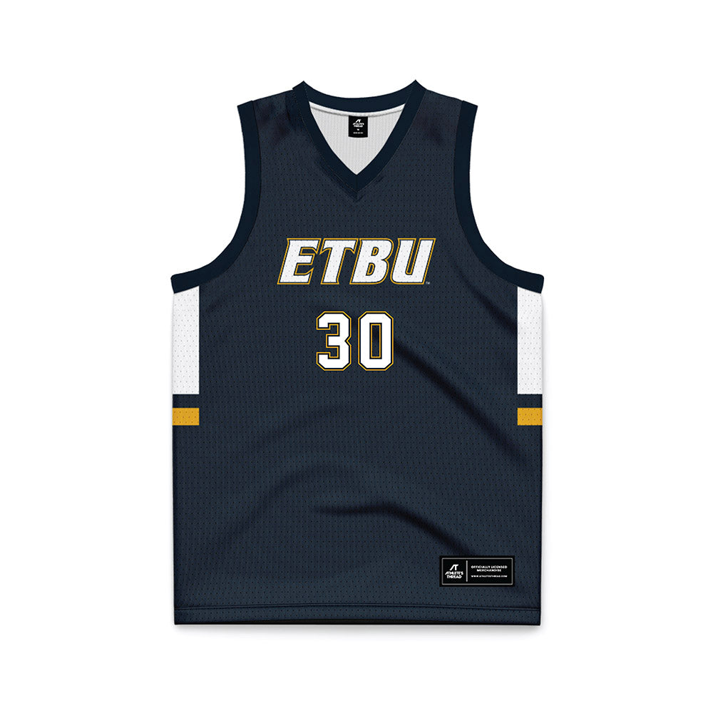 ETBU - NCAA Men's Basketball : Silas Smith - Navy Basketball Jersey-0