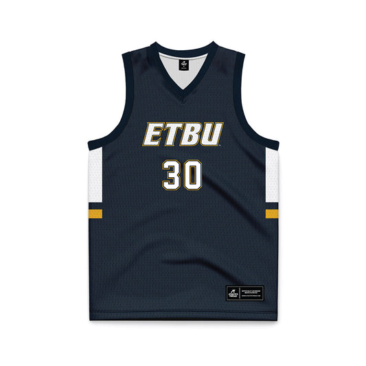 ETBU - NCAA Men's Basketball : Silas Smith - Navy Basketball Jersey-0
