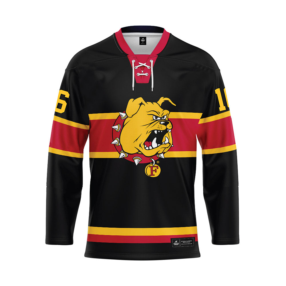 Ferris State - NCAA Men's Ice Hockey : Caiden Gault - 2024 Black Hockey Jersey-0