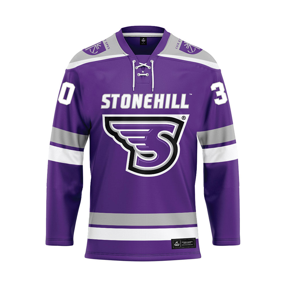 Stonehill - NCAA Men's Ice Hockey : Dylan Ghaemi - Purple Hockey Jersey-0