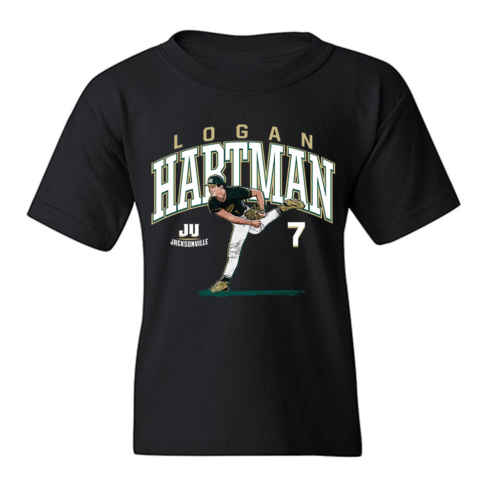 Jacksonville - NCAA Baseball : Logan Hartman - Caricature Youth T-Shirt-0