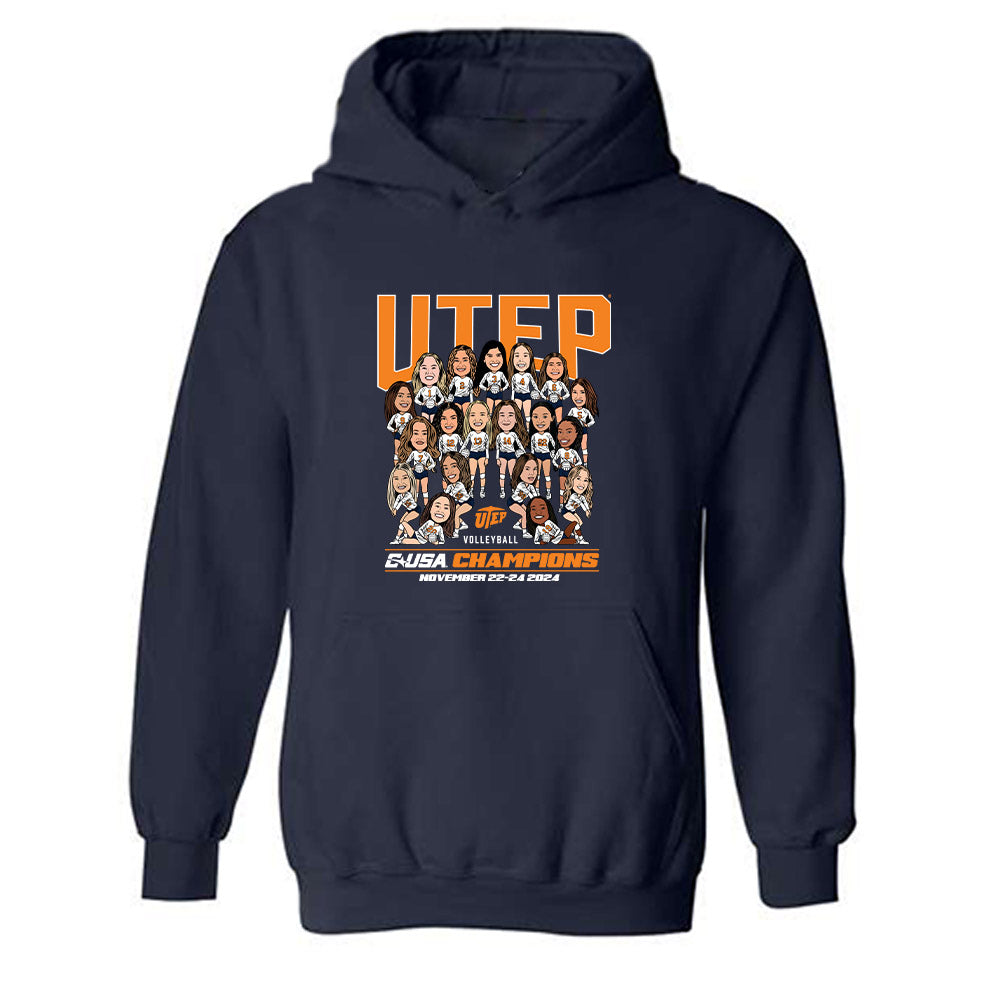 UTEP - NCAA Women's Volleyball : - CUSA Champions Team Caricature Hooded Sweatshirt-0