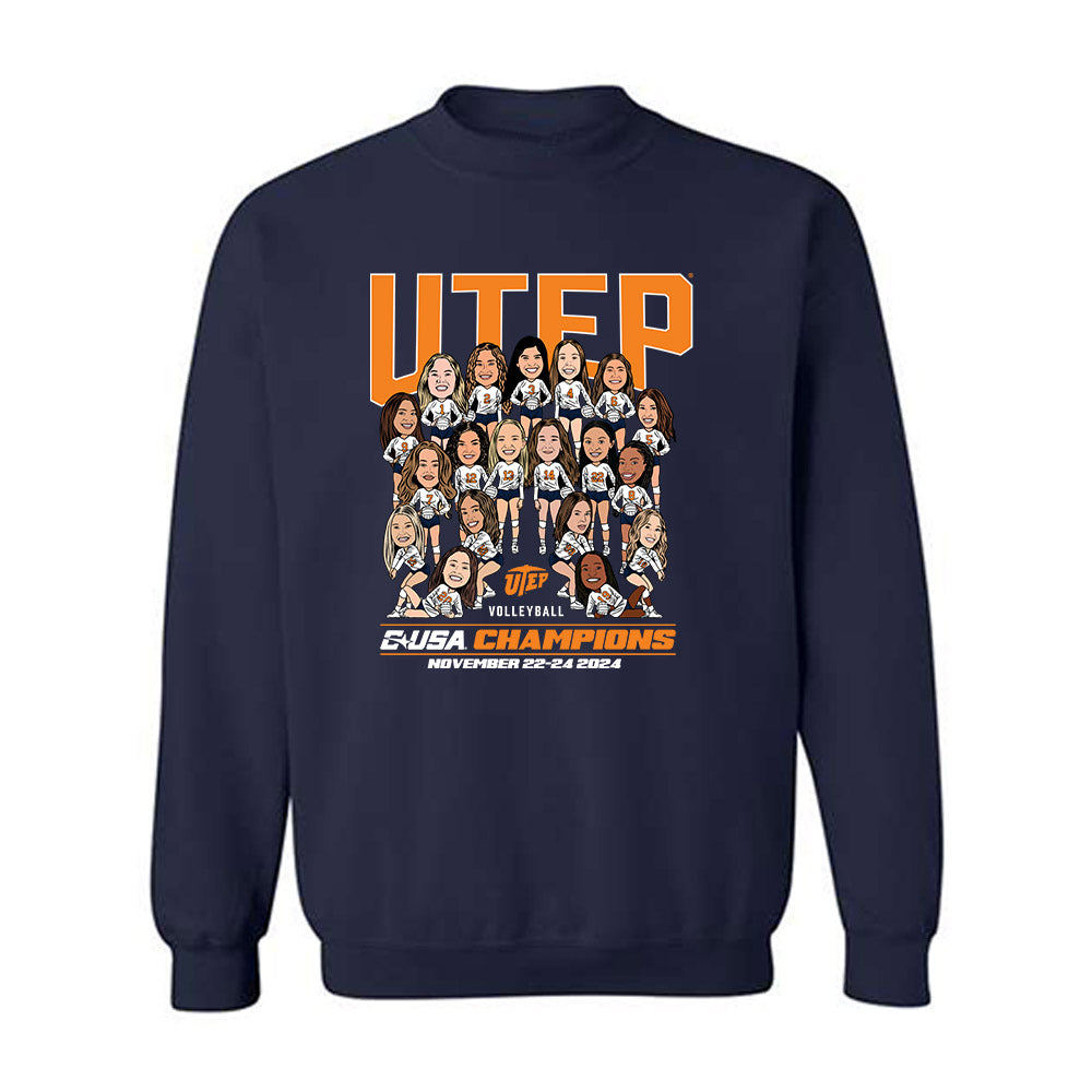 UTEP - NCAA Women's Volleyball : - CUSA Champions Team Caricature Crewneck Sweatshirt-0