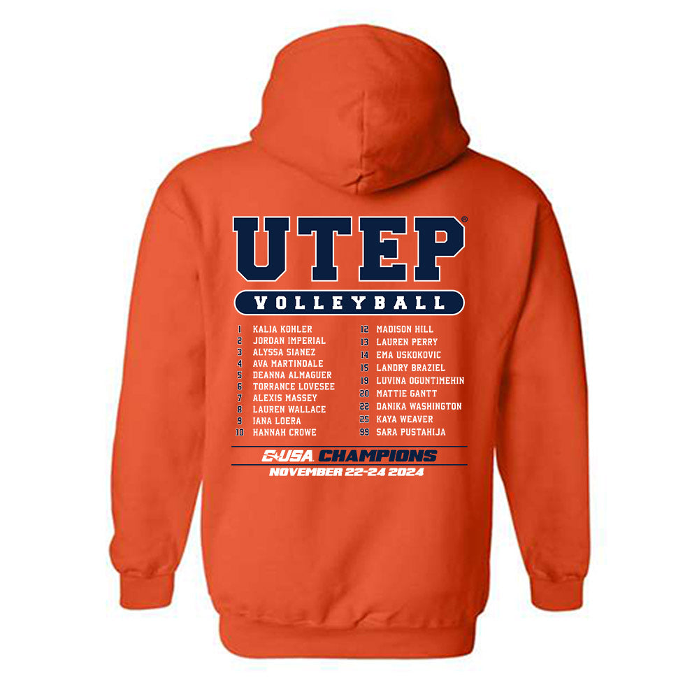 UTEP - NCAA Women's Volleyball : - CUSA Champions Roster Shirt Hooded Sweatshirt-1