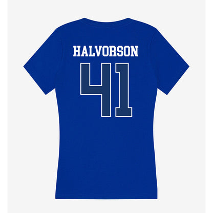 Drake - NCAA Football : Spencer Halvorson - Women's V-Neck T-Shirt-1
