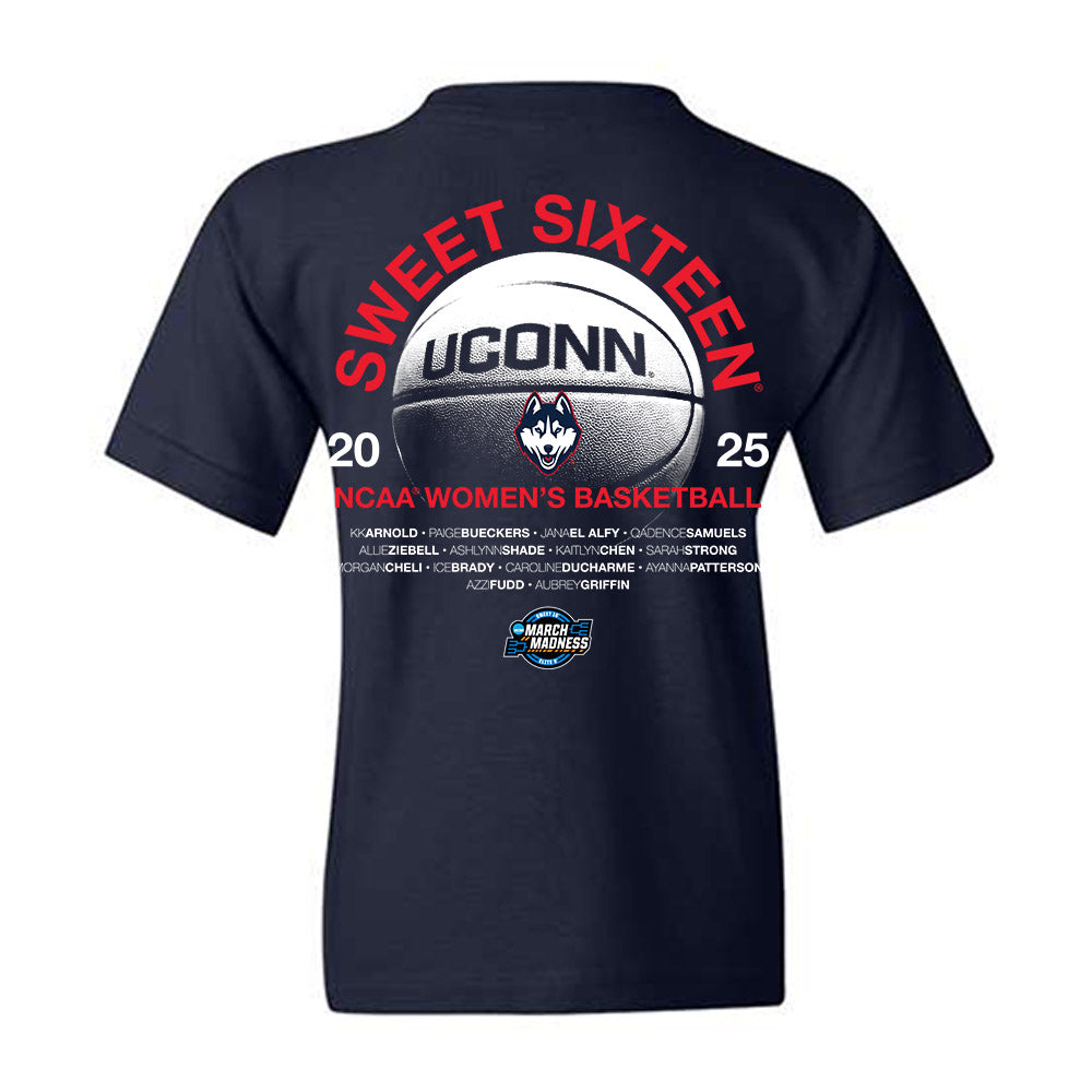 UConn - NCAA Women's Basketball : - NCAA® March Madness® 2025 Sweet 16 Roster Youth T-Shirt-1