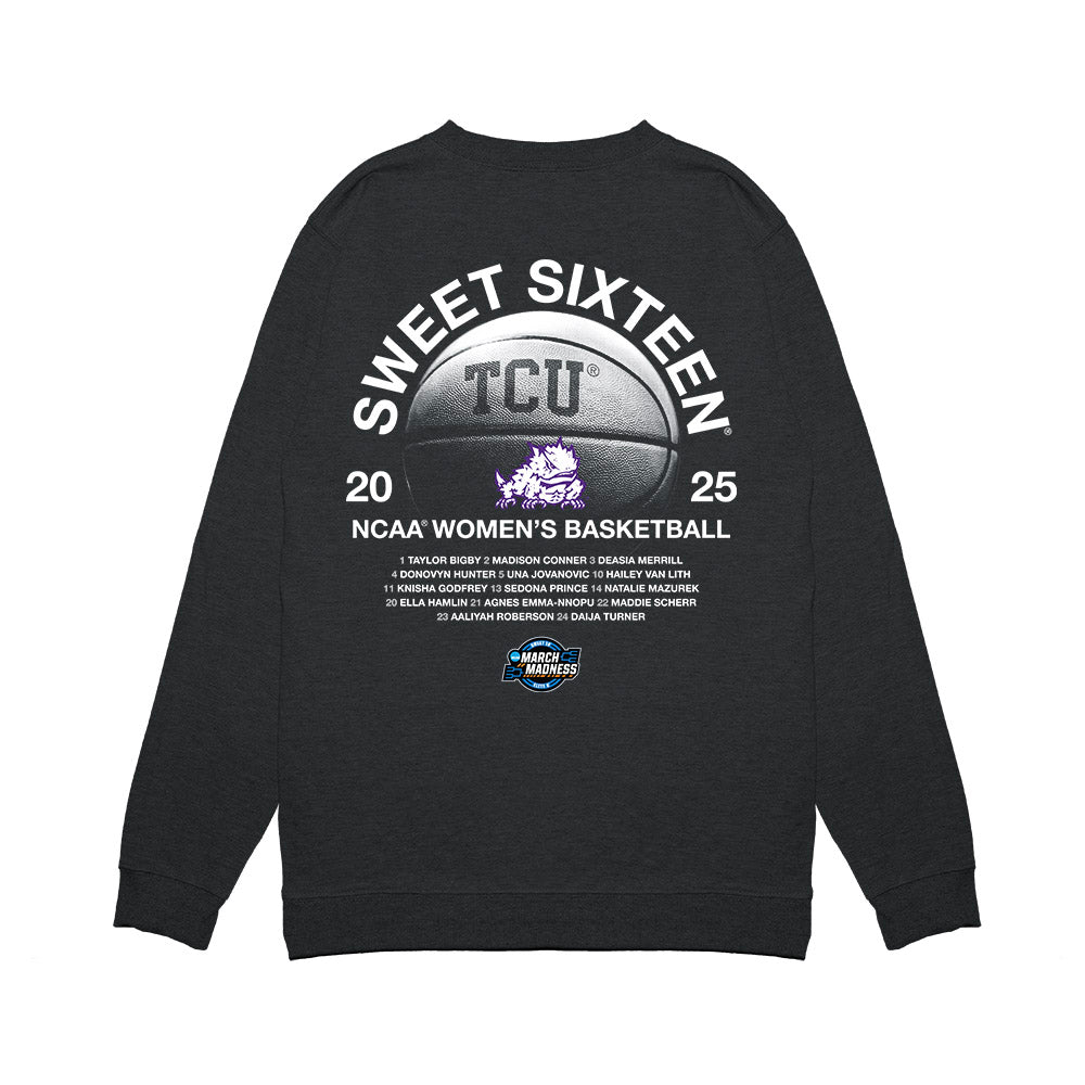 TCU - NCAA Women's Basketball : Donovyn Hunter - NCAA® March Madness® 2025 Sweet 16 Roster Premium Crewneck Sweatshirt-1