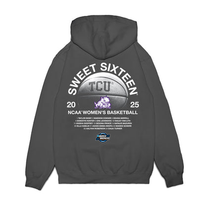 TCU - NCAA Women's Basketball : Natalie Mazurek - NCAA® March Madness® 2025 Sweet 16 Roster Premium Hooded Sweatshirt-1