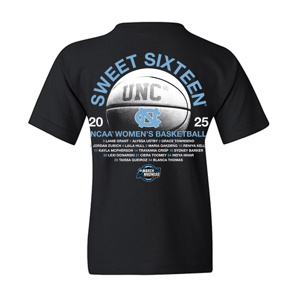 UNC - NCAA Women's Basketball : - NCAA® March Madness® 2025 Sweet 16 Roster Youth T-Shirt-1