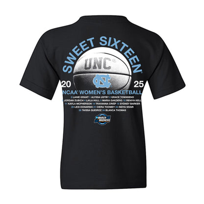 UNC - NCAA Women's Basketball : - NCAA® March Madness® 2025 Sweet 16 Roster Youth T-Shirt-1