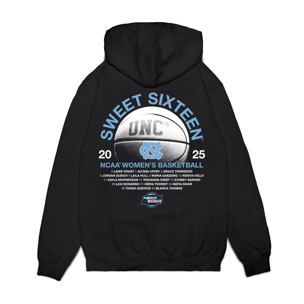 UNC - NCAA Women's Basketball : - NCAA® March Madness® 2025 Sweet 16 Roster Premium Hooded Sweatshirt-1