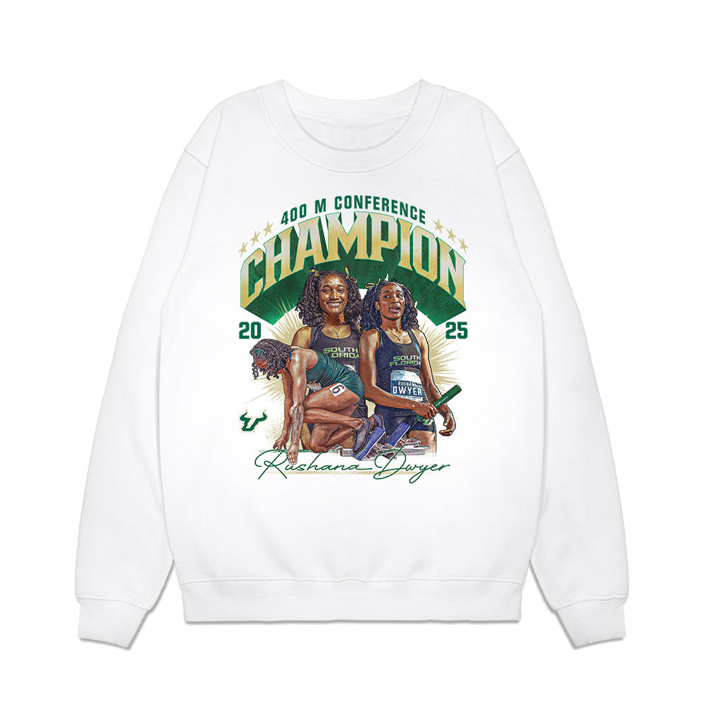 USF - NCAA Women's Track & Field : Rushana Dwyer - 2025 Champion 400 M Collage Premium Crewneck Sweatshirt-0
