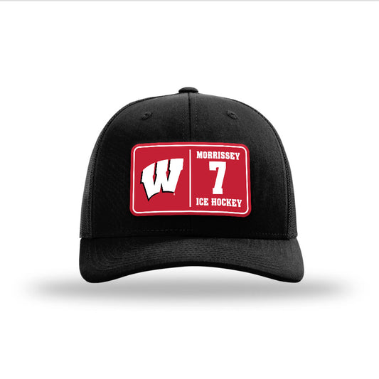 Wisconsin - NCAA Men's Ice Hockey : Gavin Morrissey - Suede Patch Snapback Trucker Hat-0