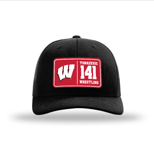 Wisconsin - NCAA Wrestling : Peter Tomazevic - Suede Patch Snapback Trucker Hat-0