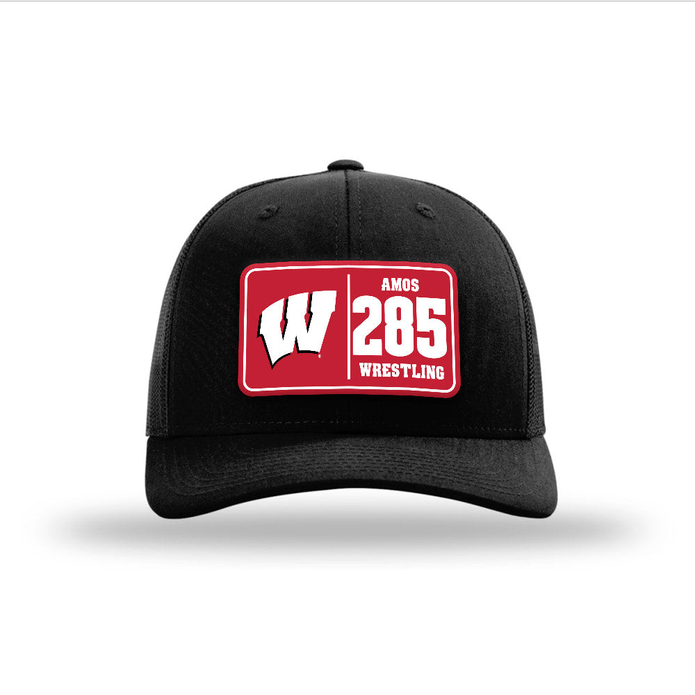 Wisconsin - NCAA Wrestling : Braxton Amos - Suede Patch Snapback Trucker Hat-0