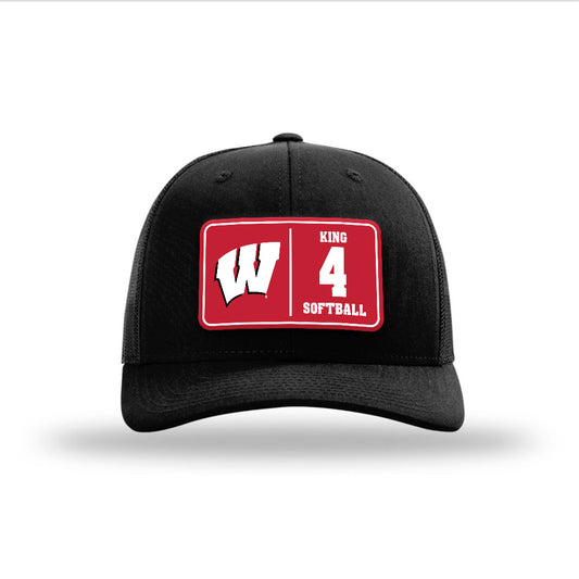 Wisconsin - NCAA Softball : Emma King - Suede Patch Snapback Trucker Hat-0