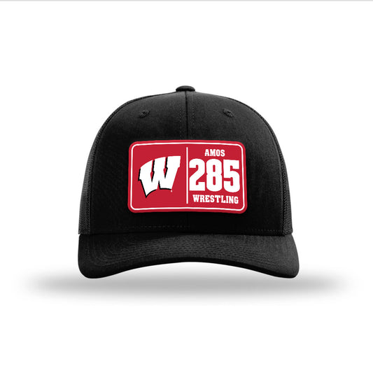 Wisconsin - NCAA Wrestling : Braxton Amos - Suede Patch Snapback Trucker Hat-0