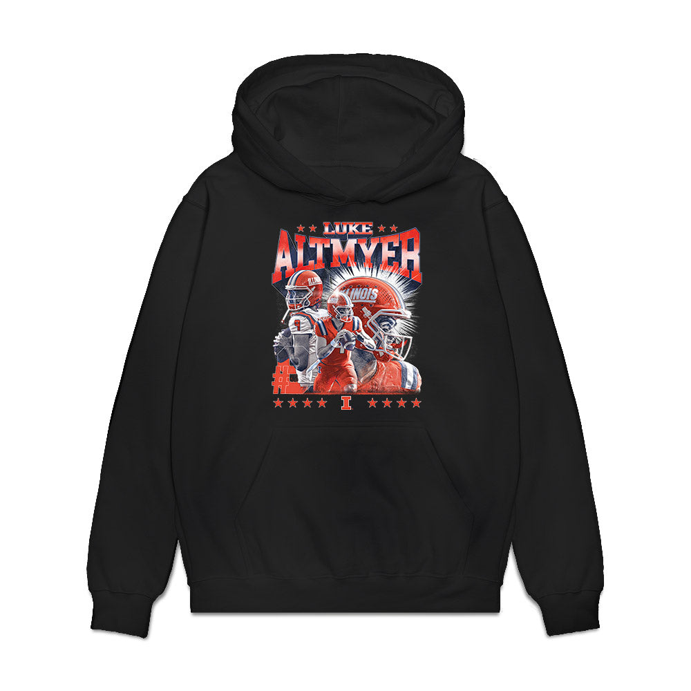 Illinois - NCAA Football : Luke Altmyer - Caricature Premium Hooded Sweatshirt-0