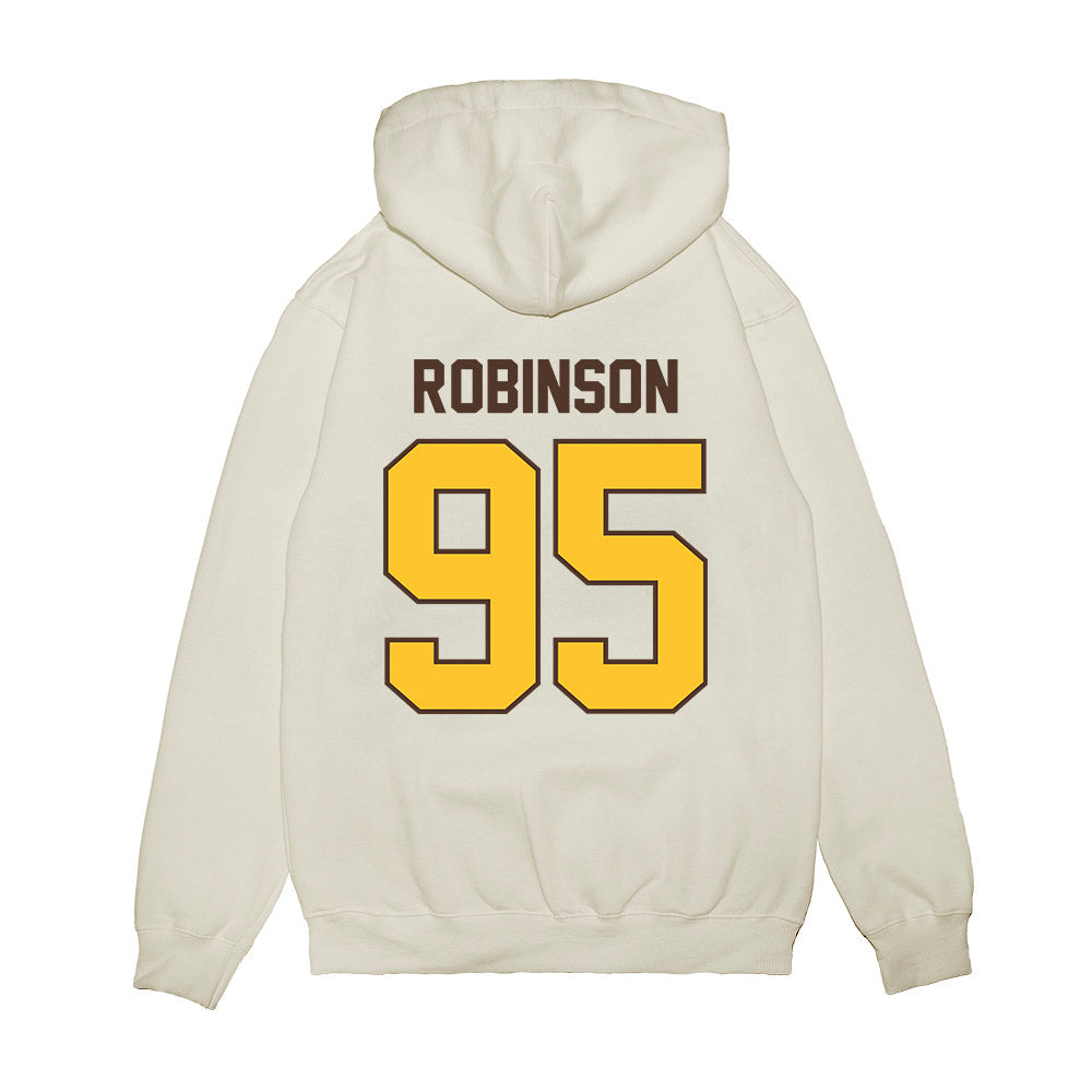Wyoming - NCAA Football : Caleb Robinson - Vintage Helmet Premium Hooded Sweatshirt-1