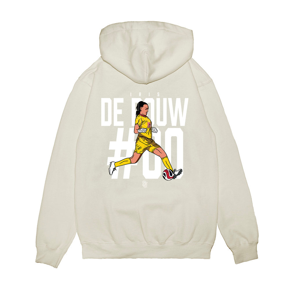 St. Johns - NCAA Women's Soccer : Iris de Rouw - Caricature Premium Hooded Sweatshirt-1