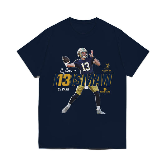 Notre Dame - NCAA Football : CJ Carr - Heisman Comfort Colors T-Shirt-0