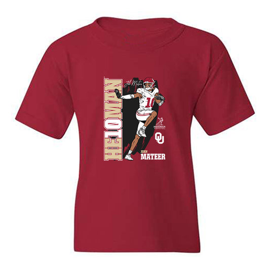 Oklahoma - NCAA Football : John Mateer - Heisman Stance Youth T-Shirt-0