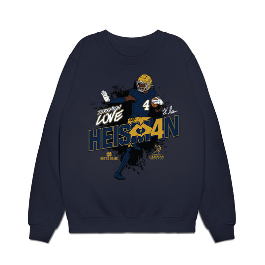 Notre Dame - NCAA Football : Jeremiyah Love - Heisman Stance Premium Crewneck Sweatshirt-0