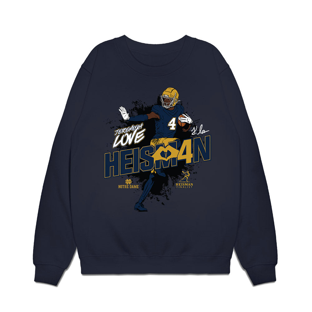 Notre Dame - NCAA Football : Jeremiyah Love - Heisman Finalist Stance Premium Crewneck Sweatshirt-0